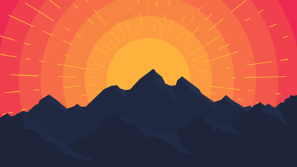Mountain sunrise illustration. Vector background in flat style