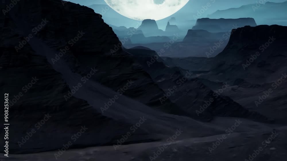 Poster the moon casts an ominous glow over the desolate terrain revealing sharp cliffs and deep canyons.