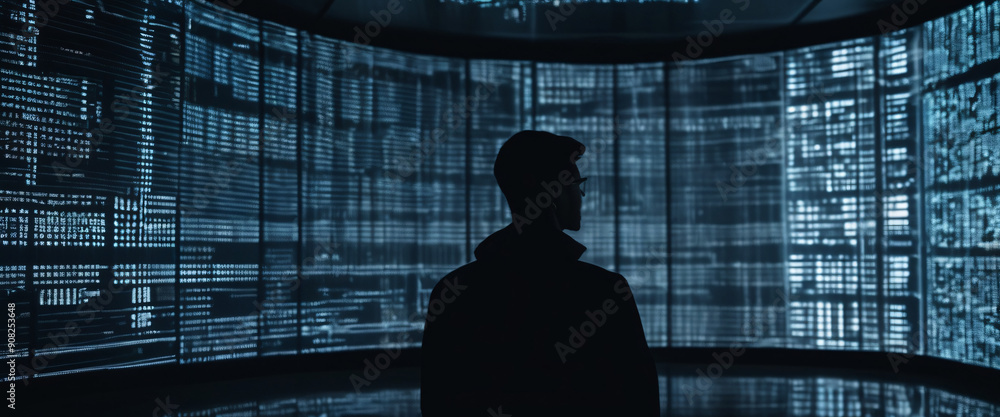 Poster a silhouette of a person standing in front of a giant digital screen with a flow of data showing var
