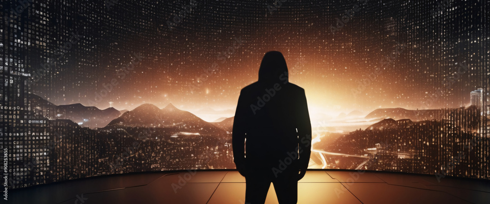 Poster a silhouette of a person standing in front of a giant digital screen with a flow of data showing var
