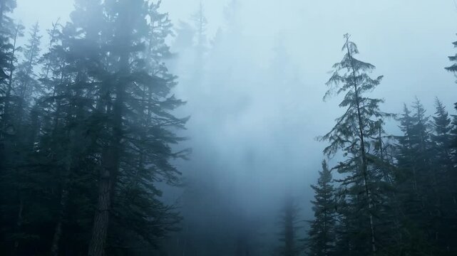 Wispy ghostlike formations of fog rise and fall over the dark silent forests below.