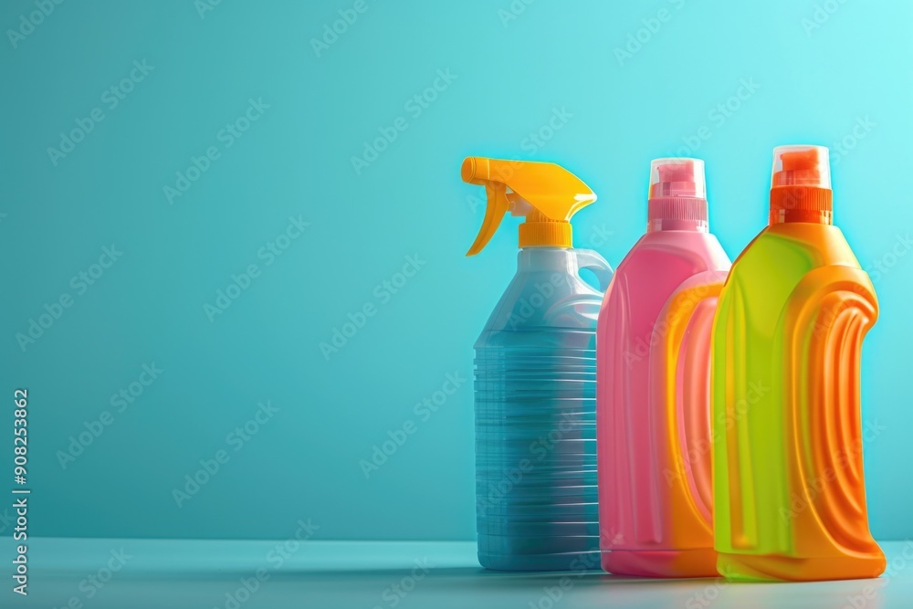 Aufkleber three bottles of cleaning products placed on a table, perfect for use in any setting where cleaning 