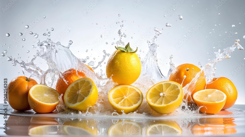 Poster a symphony of citrus: a high-speed splash of oranges and lemons generative ai