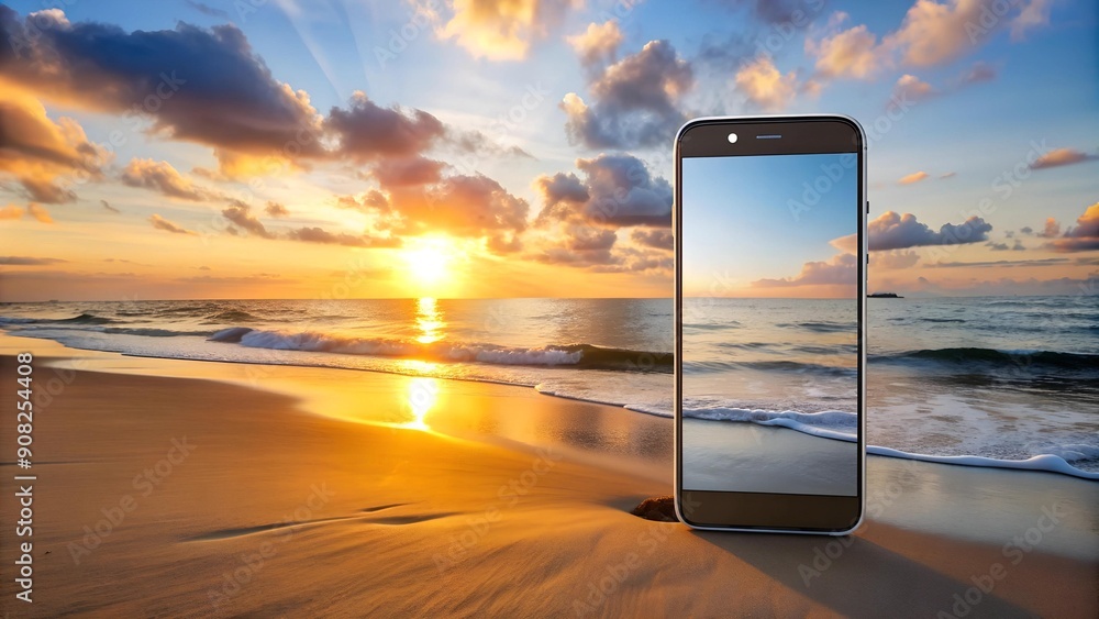 Poster searchgpt on a vibrant sunset beach: a conceptual illustration of openai's search technology on a sm