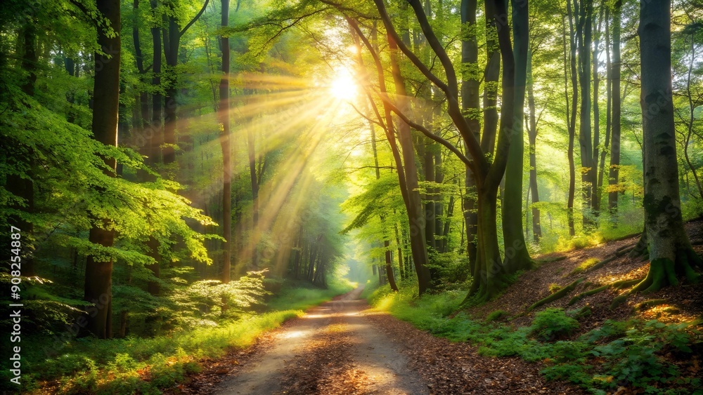 Poster sunlight filtering through leaves on a forest trail generative ai