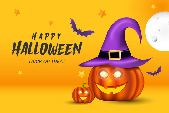 Illustration of Halloween yellow background with Scary Pumpkins, bats, moon, spider on yellow layout vector