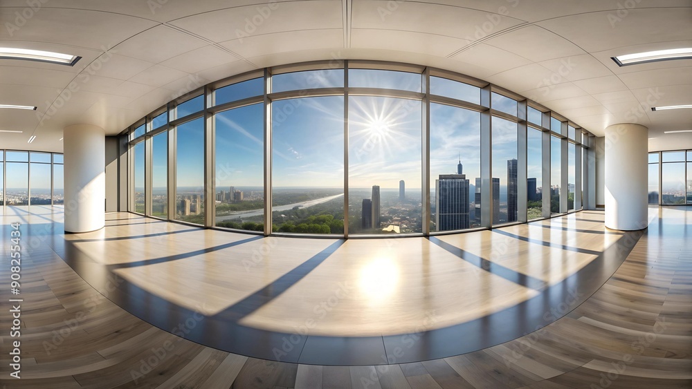 Aufkleber sun-drenched minimalism: a 360? panorama of a modern empty room with expansive city views generative
