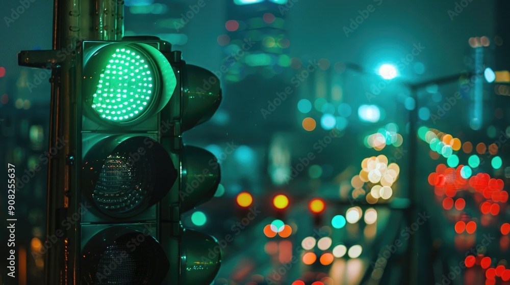 Poster a green traffic light with a bright and clear display, ideal for use in transportation-themed illust