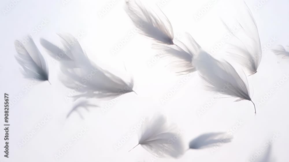 Poster a slowmotion shot of feathers floating down from the sky creating a dreamlike effect.
