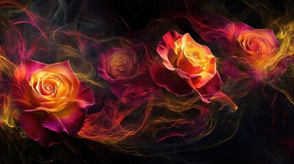 Beautiful rose flowers amidst swirling red, yellow, purple hues on dramatic black backdrop
