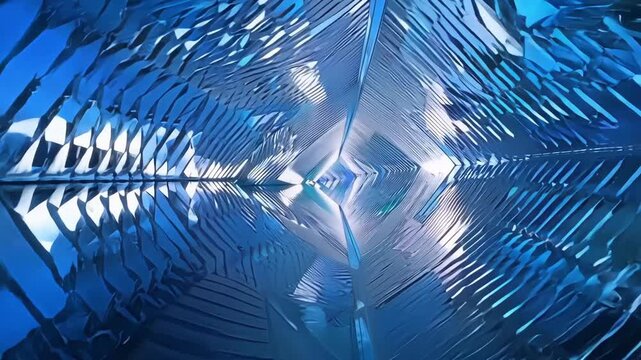The camera glides through a seemingly endless labyrinth of reflective mazes creating a mesmerizing visual display.