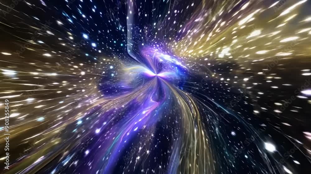 Poster whirl through a cosmic tunnel shimmering with ling stars and fluid movements as if dancing to a cele