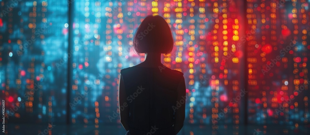 Aufkleber silhouette of a businesswoman in front of a digital screen with binary code.