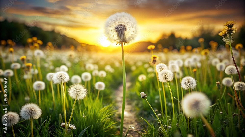 Poster the path of the dreamer: a footprint traced in a field of dandelions ai generated
