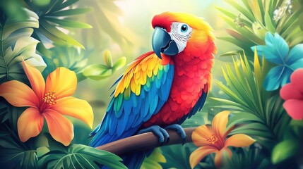 Obraz premium Bright and cheerful cartoon parrot with colorful feathers, surrounded by tropical flowers