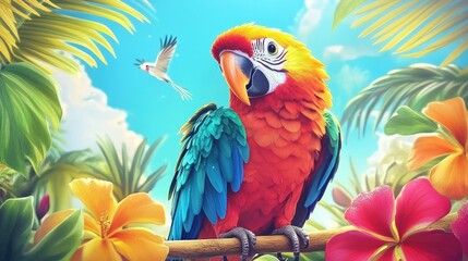 Fototapeta premium Bright and cheerful cartoon parrot with colorful feathers, surrounded by tropical flowers