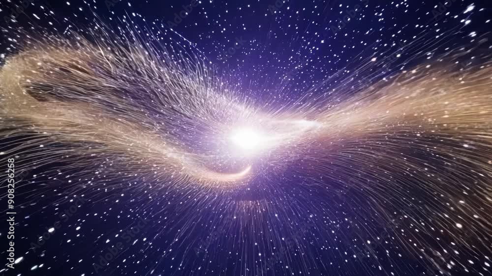 Poster moving through a myriad of shimmering celestial beams like stars dancing in space.