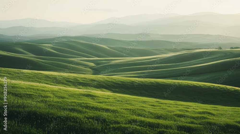 Poster soft rolling hills covered in lush green grass fading into the distance where a hazy mountain range 