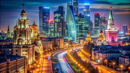 Neon Glowing Streets of Moscow  Generative AI