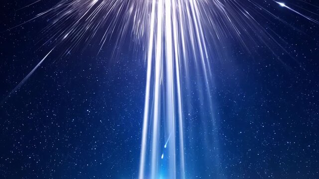 The celestial world comes to life as beams of light stretch towards the stars creating a breathtaking display.