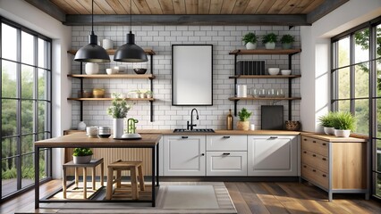 Farmhouse Kitchen with a Modern Feel: A Mockup Poster Frame with a Black Metal Frame  Generative AI
