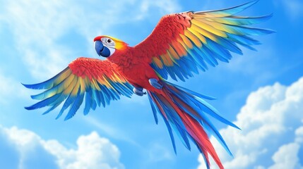 Fototapeta premium Cute cartoon parrot with rainbow feathers, happily flying in a blue sky