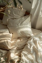 A bed with multiple pillows, perfect for a relaxing atmosphere