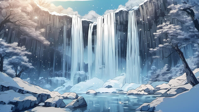 anime fantasy waterfall winter snow ice landscape magical background wallpaper 