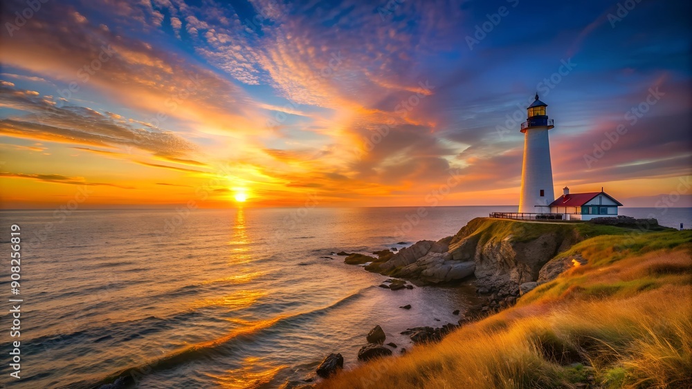 Poster a coastal sunset with a distant lighthouse generative ai