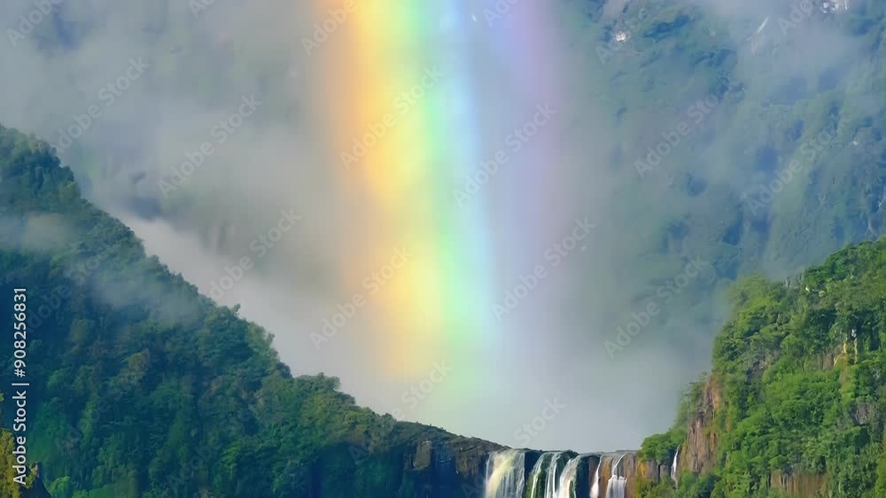 Poster a rainbow shining through the misty veil of the waterfall adding a touch of magic to the already enc