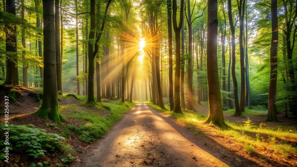 Poster a sunlit path through a forest of trees ai generated