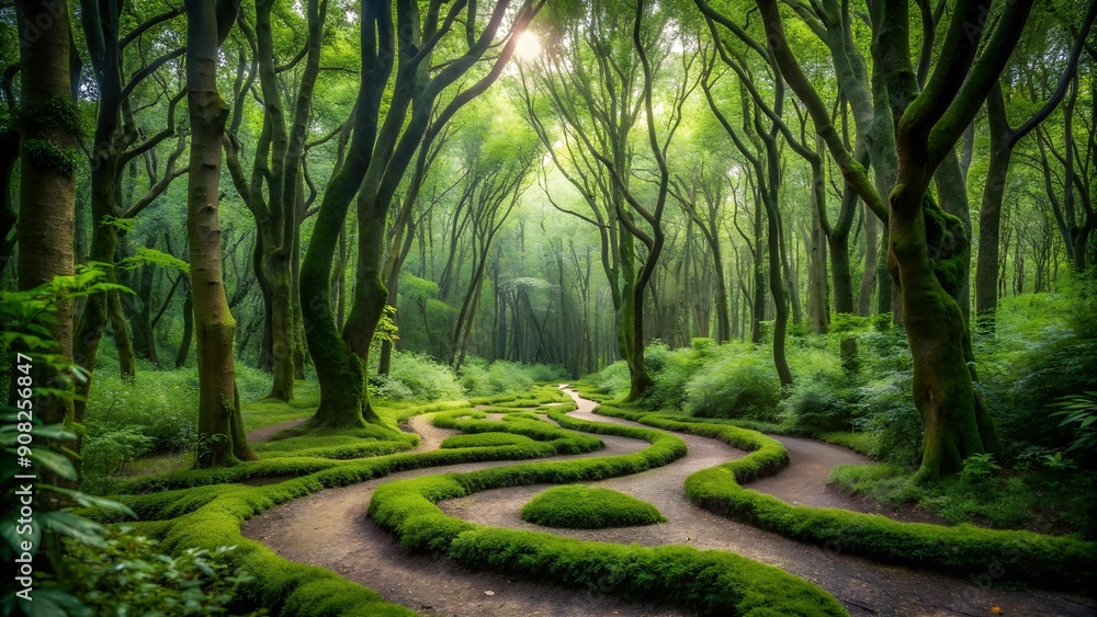 Poster the labyrinth of thoughts: a winding path through a dense forest ai generated