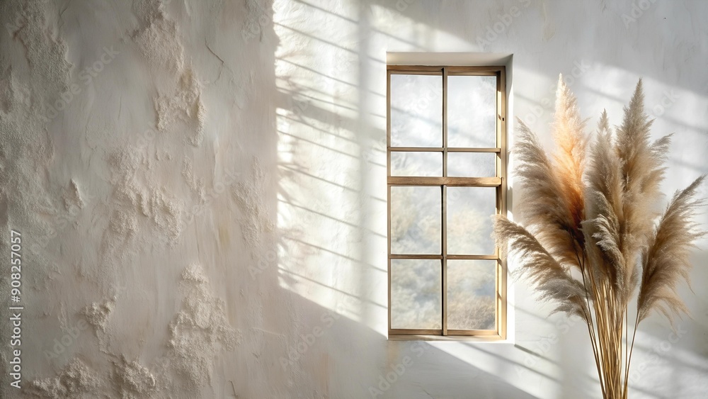 Aufkleber rustic white wall with a soft shadow of a window and a branch of dried pampas grass ai generated