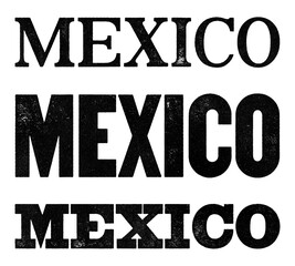 Mexico country name written in distressed vintage serif, sans serif and slab serif styles isolated on transparent background