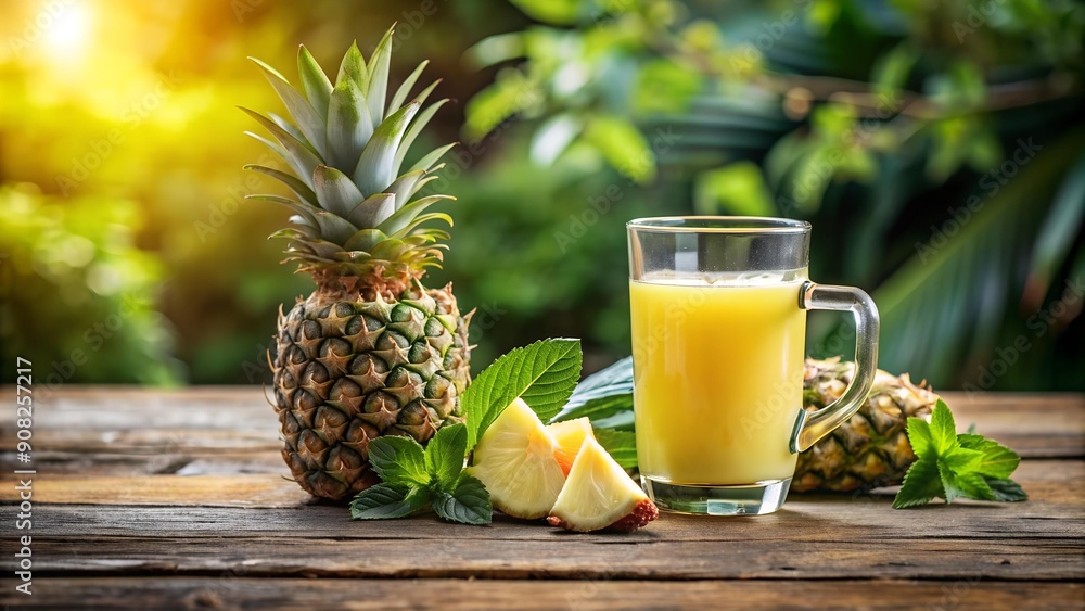 Poster pineapple paradise: freshly squeezed juice in a rustic setting ai generated