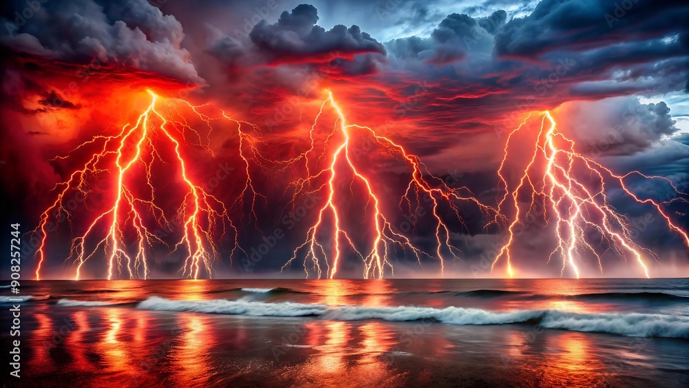 Poster red lightning dancing over a raging ocean ai generated