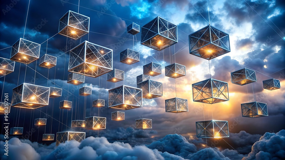 Aufkleber abstract network of glowing data cubes suspended in a cloudy sky ai generated