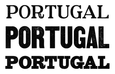 Portugal country name written in distressed vintage serif, sans serif and slab serif styles isolated on transparent background