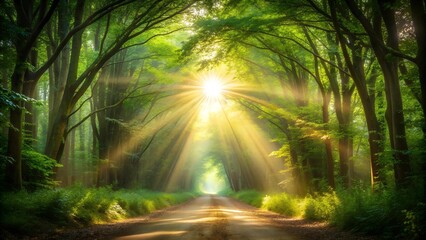 Obraz premium A Tunnel of Light Through a Forest Canopy generative AI