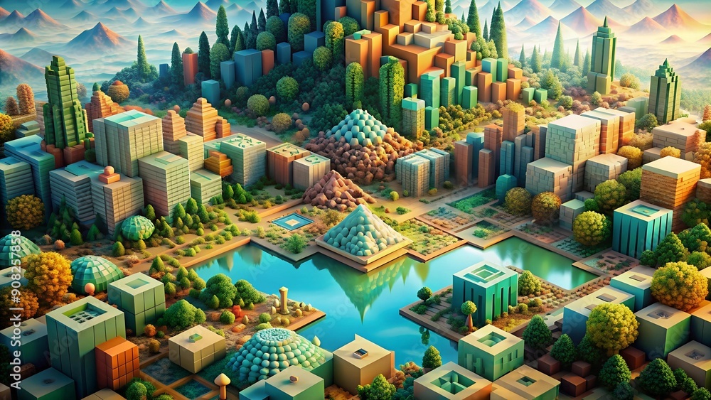 Poster geometric topography: a 3d landscape of abstract forms and patterns generative ai