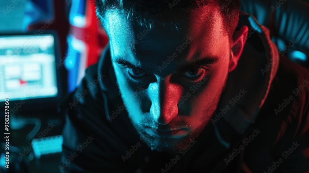 Poster skilled programmer intensely codes in a dark office, illuminated by red and blue lights, focusing on