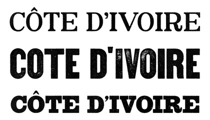 Côte d’Ivoire country name written in distressed vintage serif, sans serif and slab serif styles isolated on transparent background