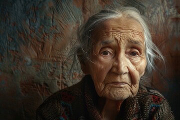 Elderly woman with wisdom in her wrinkles, against a textured backdrop