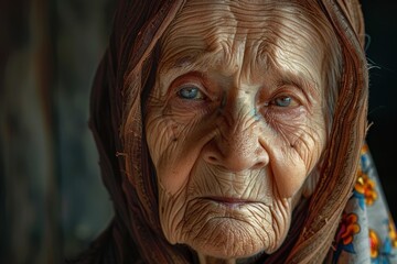 Elderly woman with expressive wrinkles, her gaze reflecting a lifetime of experiences