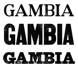 Obraz premium Gambia country name written in distressed vintage serif, sans serif and slab serif styles isolated on transparent background