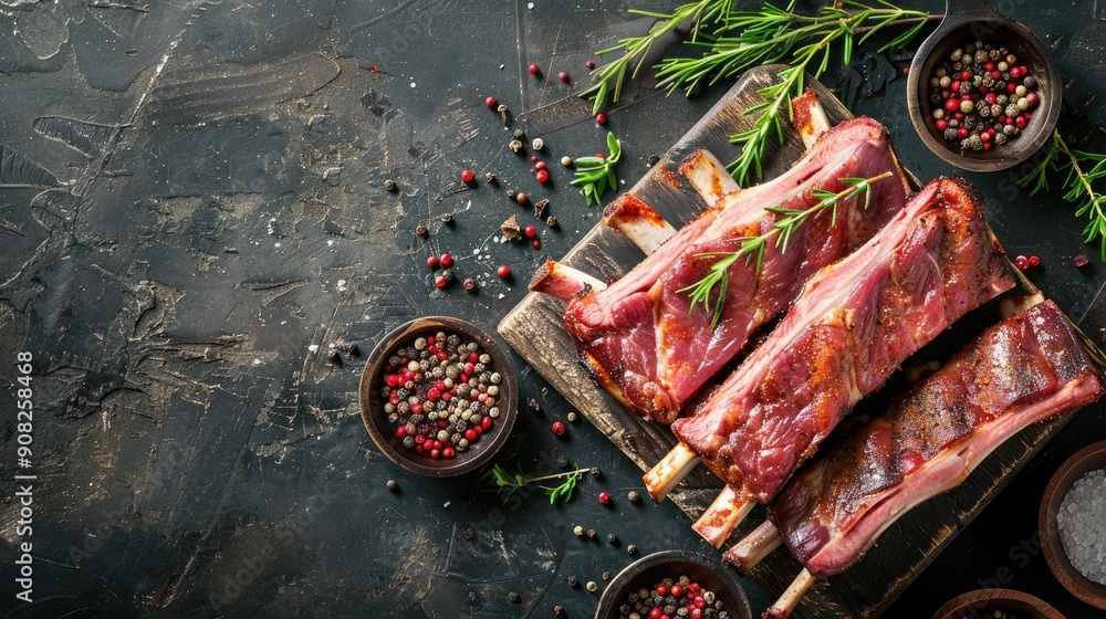 Poster fresh pork ribs with aromatic spices and herbs on rustic table top view with copy space