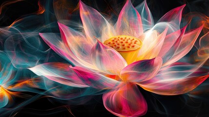 Energetic abstract lotus blooms with vibrant colors on dramatic black background
