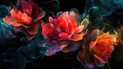 Obraz premium Energetic abstract rose blooms with vibrant colors on dramatic black background