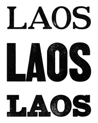 Laos country name written in distressed vintage serif, sans serif and slab serif styles isolated on transparent background