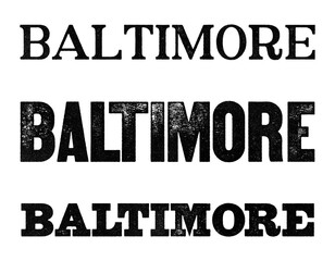 Baltimore city name written in distressed vintage serif, sans serif and slab serif styles isolated on transparent background